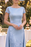 Blue Lace Sheath Mother of the Bride Dress with Side Streamer