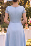 Blue Lace Sheath Mother of the Bride Dress with Side Streamer