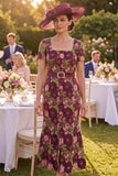 Burgundy Square Neck Floral Mermaid Mother of the Bride Dress with Belt