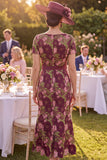 Burgundy Square Neck Floral Mermaid Mother of the Bride Dress with Belt