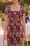 Burgundy Square Neck Floral Mermaid Mother of the Bride Dress with Belt