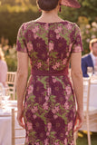 Burgundy Square Neck Floral Mermaid Mother of the Bride Dress with Belt