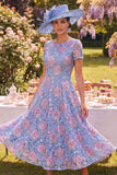 Lace Blue A Line Midi Mother of the Bride Dress with Short Sleeves