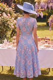 Lace Blue A Line Midi Mother of the Bride Dress with Short Sleeves