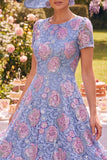 Lace Blue A Line Midi Mother of the Bride Dress with Short Sleeves