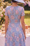 Lace Blue A Line Midi Mother of the Bride Dress with Short Sleeves