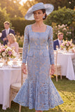 Grey Blue Mermaid Square Neck Lace Mother of the Bride Dress with Belt
