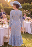 Grey Blue Mermaid Square Neck Lace Mother of the Bride Dress with Belt