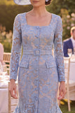 Grey Blue Mermaid Square Neck Lace Mother of the Bride Dress with Belt