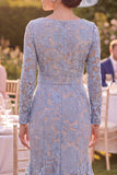 Grey Blue Mermaid Square Neck Lace Mother of the Bride Dress with Belt