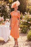 Orange Ruched One Shoulder Midi Mother of the Bride Dress