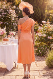 Orange Ruched One Shoulder Midi Mother of the Bride Dress