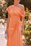 Orange Ruched One Shoulder Midi Mother of the Bride Dress