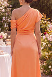 Orange Ruched One Shoulder Midi Mother of the Bride Dress