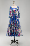 Royal Blue Square Neck Floral Mother of the Bride Dress with 3/4 Sleeves