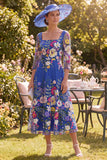 Royal Blue Square Neck Floral Mother of the Bride Dress with 3/4 Sleeves