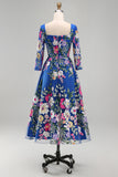 Royal Blue Square Neck Floral Mother of the Bride Dress with 3/4 Sleeves