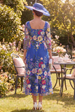 Royal Blue Square Neck Floral Mother of the Bride Dress with 3/4 Sleeves