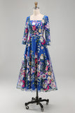 Royal Blue Square Neck Floral Mother of the Bride Dress with 3/4 Sleeves