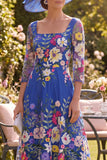 Royal Blue Square Neck Floral Mother of the Bride Dress with 3/4 Sleeves