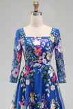 Royal Blue Square Neck Floral Mother of the Bride Dress with 3/4 Sleeves