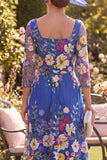 Royal Blue Square Neck Floral Mother of the Bride Dress with 3/4 Sleeves