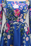 Royal Blue Square Neck Floral Mother of the Bride Dress with 3/4 Sleeves