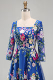 Royal Blue Square Neck Floral Mother of the Bride Dress with 3/4 Sleeves