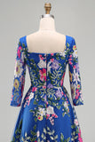 Royal Blue Square Neck Floral Mother of the Bride Dress with 3/4 Sleeves
