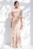 Apricot Floral Bateau Neck Chiffon Long Mother of the Bride Dress with Half Sleeves