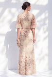Apricot Floral Bateau Neck Chiffon Long Mother of the Bride Dress with Half Sleeves