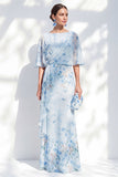 Apricot Floral Bateau Neck Chiffon Long Mother of the Bride Dress with Half Sleeves