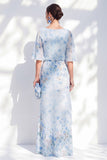 Apricot Floral Bateau Neck Chiffon Long Mother of the Bride Dress with Half Sleeves
