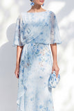 Apricot Floral Bateau Neck Chiffon Long Mother of the Bride Dress with Half Sleeves