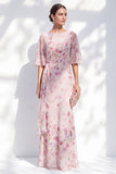 Apricot Floral Bateau Neck Chiffon Long Mother of the Bride Dress with Half Sleeves