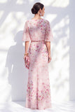 Apricot Floral Bateau Neck Chiffon Long Mother of the Bride Dress with Half Sleeves