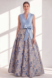 Blue A Line Jacquard Mother of the Bride Dress with Sash