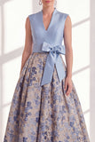 Blue A Line Jacquard Mother of the Bride Dress with Sash