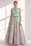 Blue A Line Jacquard Mother of the Bride Dress with Sash