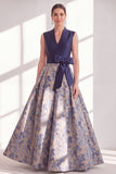 Blue A Line Jacquard Mother of the Bride Dress with Sash
