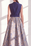 Blue A Line Jacquard Mother of the Bride Dress with Sash