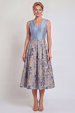 Jacquard V-Neck Navy Midi Mother of the Bride Dress