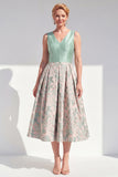 Jacquard V-Neck Navy Midi Mother of the Bride Dress
