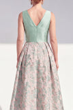 Jacquard V-Neck Navy Midi Mother of the Bride Dress