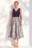 Jacquard V-Neck Navy Midi Mother of the Bride Dress