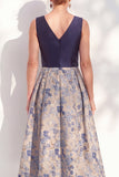 Jacquard V-Neck Navy Midi Mother of the Bride Dress