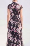 Black Collar Floral Mother of the Bride Dress with Sash