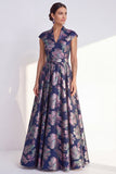 Yellow Jacquard Long Mother of the Bride Dress with Cap Sleeves