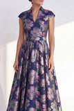 Yellow Jacquard Long Mother of the Bride Dress with Cap Sleeves