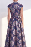 Yellow Jacquard Long Mother of the Bride Dress with Cap Sleeves
